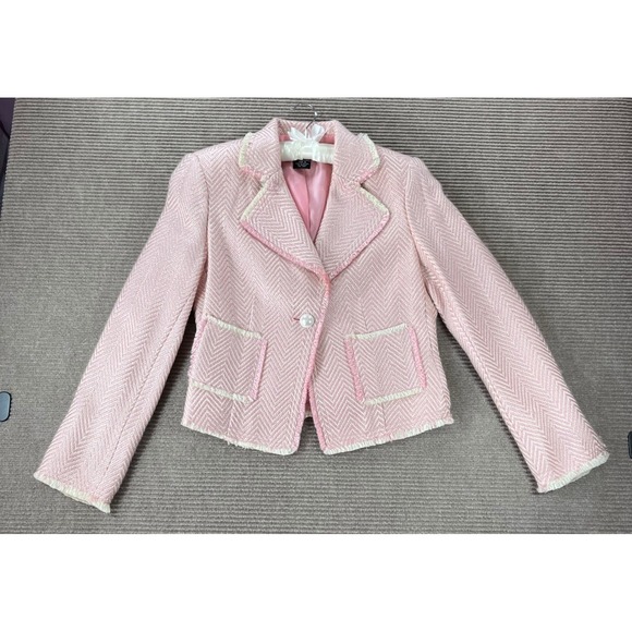 Pierre Cardin Jackets & Blazers - Pierre Cardin Pink Herringbone Tweed Blazer Jacket Pearl Button Fringe Size 8